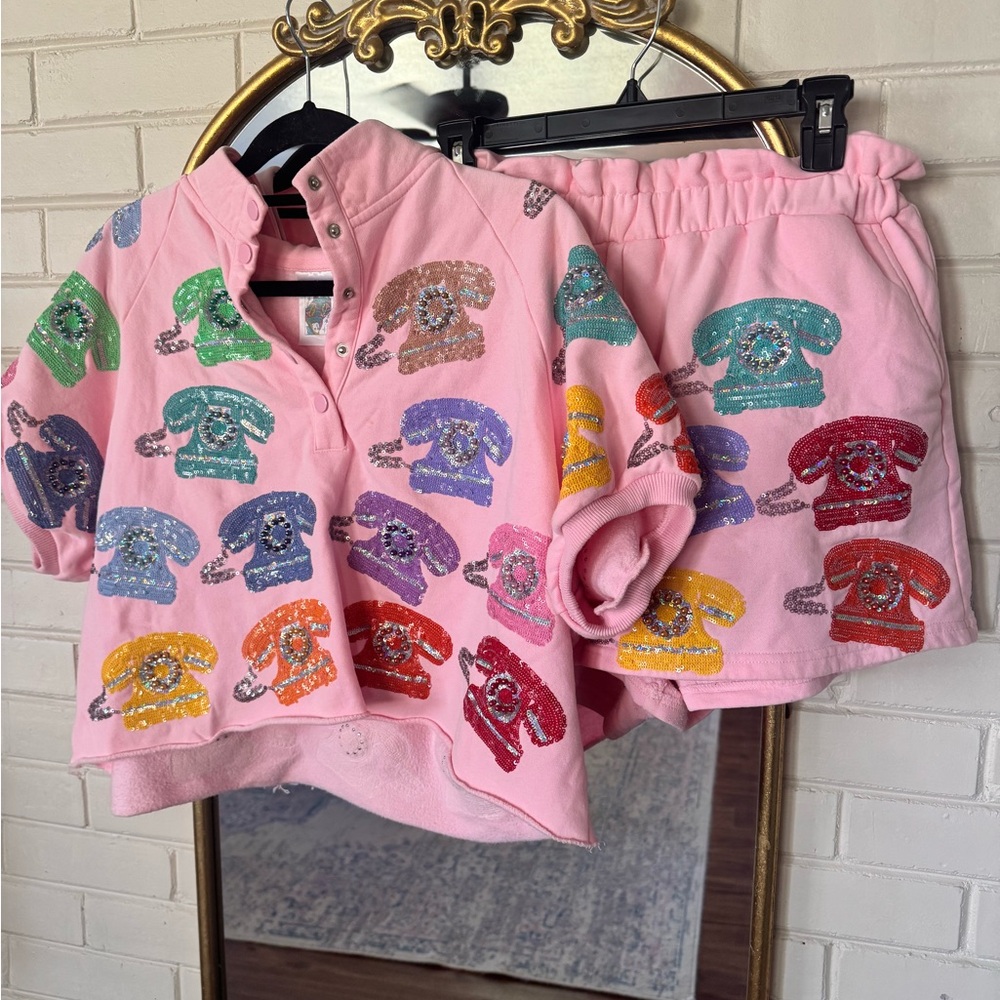 QUEEN OF SPARKLES Pink Sequin Telephone Blouse and Shorts Set